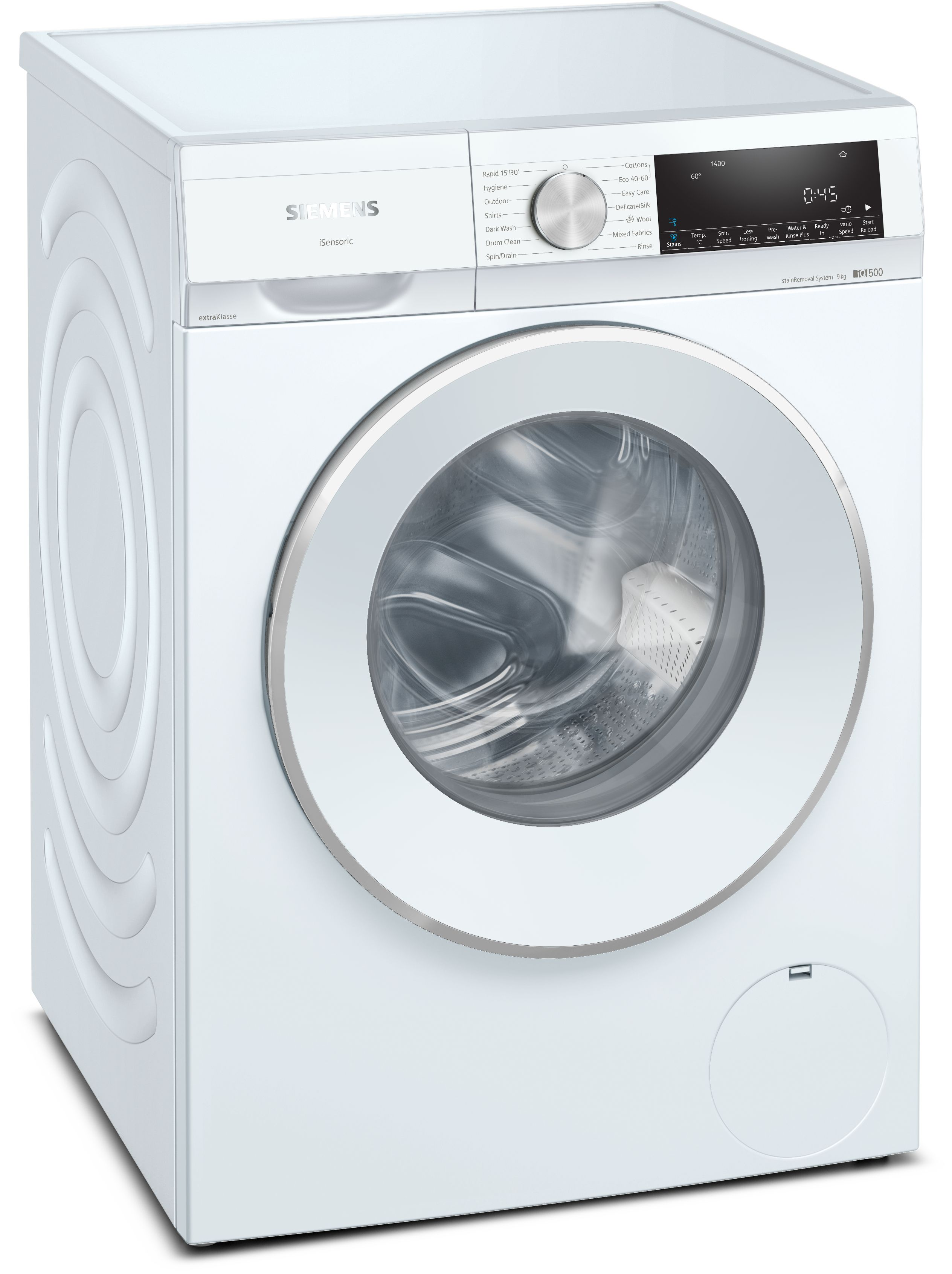 WG44G209GB SIEMENS extraKlasse Freestanding Washing Machine - 9Kg/1400Spin - StainRemoval - IQDrive - VarioSpeed - LED Display - A Energy - White with Silver/White Door 
RWD15
